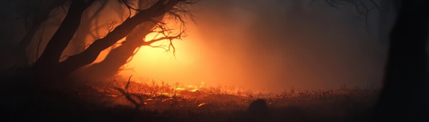 Obraz premium A mystical landscape shrouded in fog, with an ethereal glow illuminating the trees and underbrush, creating a haunting atmosphere.