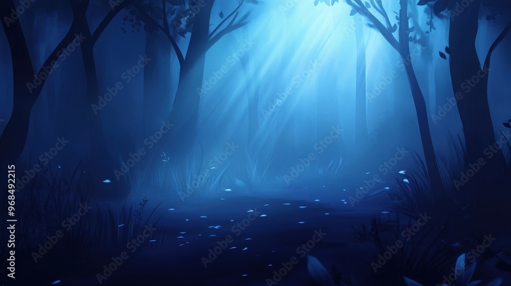 Poster a serene and mystical forest scene illuminated by soft blue light, creating an enchanting atmosphere