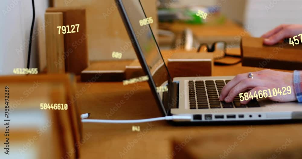 Poster animation of data processing over caucasian businessman using laptop in office