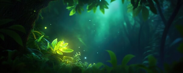 Fototapeta premium A serene and mystical forest scene illuminated by soft light, showcasing vibrant plants and lush greenery in a tranquil setting.
