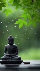 A serene black Buddha statue surrounded by lush green leaves, creating a peaceful and meditative atmosphere.