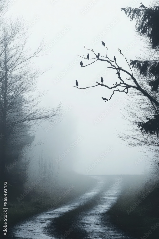 Poster a serene foggy path lined with trees and birds perched on branches, creating a tranquil atmosphere i