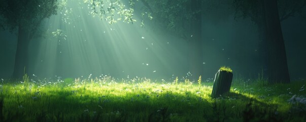 A serene forest scene with gentle sunlight filtering through trees, illuminating a mossy grave marker amidst lush greenery.