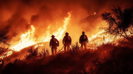 Fototapeta premium Firefighters and fire engines battling a wildfire , Generative AI