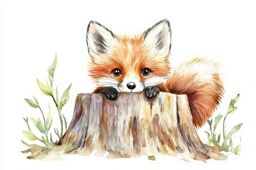 Fototapeta premium A curious fox peeks over a wooden stump surrounded by lush greenery, embodying the spirit of nature and wildlife.
