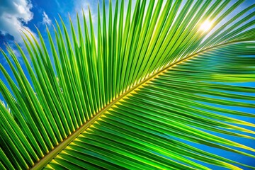 Fototapeta premium natural, vibrant, outdoor, exotic, holiday, A close up view of a tropical coconut leaf with its vibrant green color against a bright blue sky captured from a worm s eye perspective