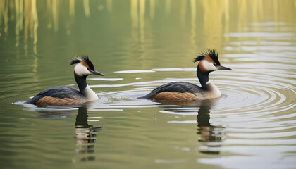 Obraz premium Two crested grebes swimming in a body of water with a yellow and green background