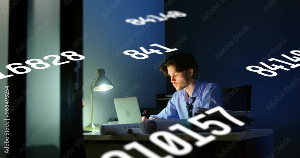 Poster animation of data processing over caucasian businessman using laptop in office