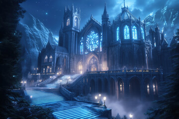 Fototapeta premium Enchanted Gothic Cathedral: A majestic gothic cathedral stands tall against a backdrop of snow-capped mountains, bathed in the ethereal glow of a full moon. 