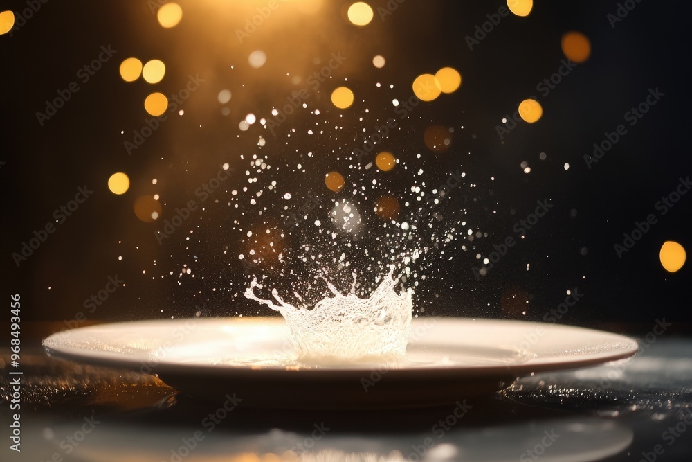 Poster a stunning splash of water captured on a plate with a beautiful bokeh background, creating an artist