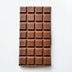 A whole milk chocolate bar with square sections, isolated on a white background. High-quality PNG format with transparent background
