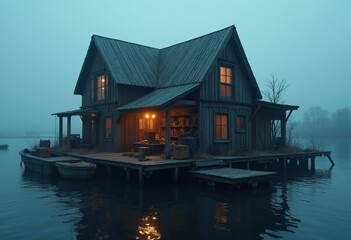 Fototapeta premium Foggy River: Lonely House with Warm Lights