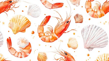 A vibrant watercolor pattern featuring shrimp and seashells on a white background, perfect for summer themes and seafood designs.