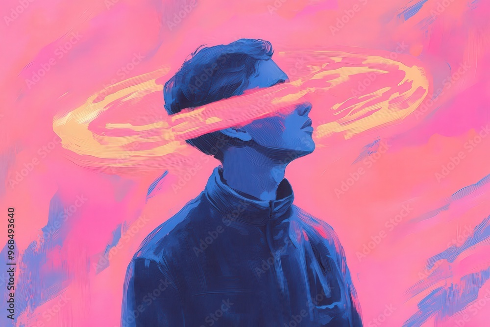 Poster a surreal portrait of a person with a vibrant halo effect, embodying creativity and introspection in