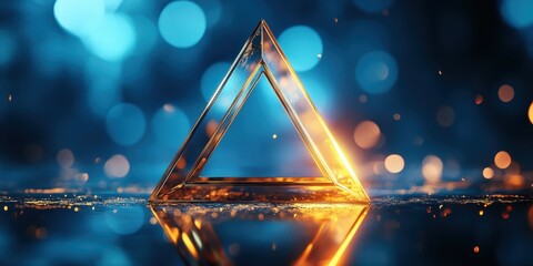 Golden Geometric Triangle with Bokeh Lights in Background, Abstract Modern Art, Illuminated Shapes on Reflective Surface