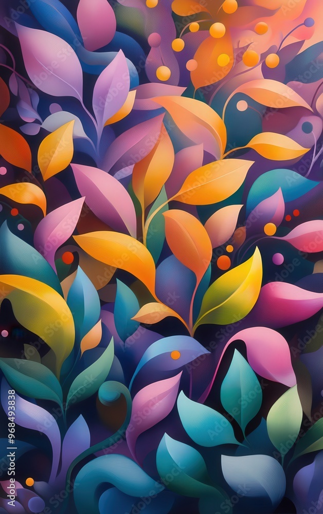 Poster a vibrant abstract artwork featuring colorful leaves and shapes, creating a lively and energetic atm
