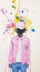 Obraz premium A vibrant artistic depiction of a person with colorful paint splashes, showcasing creativity and modern fashion.