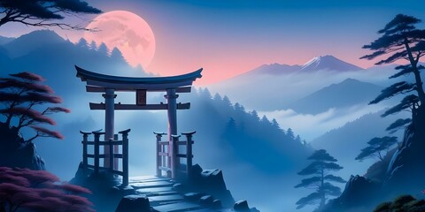 Fototapeta premium A Japanese Shinto shrine gate (torii) in a misty, mountainous landscape at sunset. The sky is filled with vibrant pink and blue clouds, and a large full moon is visible. The scene has a mystical, drea