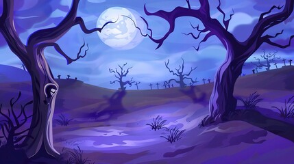 A spooky Halloween cartoon background with a prominent moon. The moon is shining brightly in the night sky, casting an eerie glow