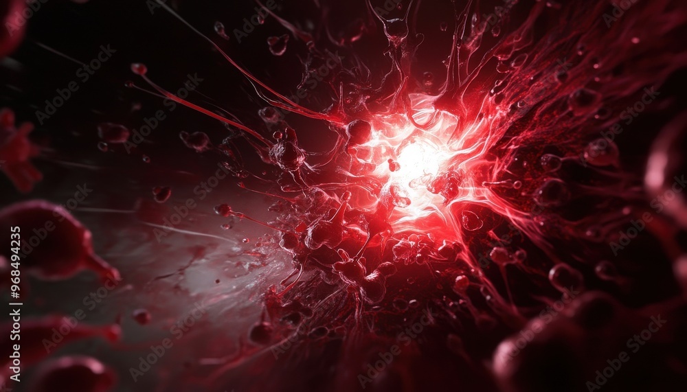 Poster abstract explosion of red energy, creating dynamic visual effects with fluid motion and a glowing ce