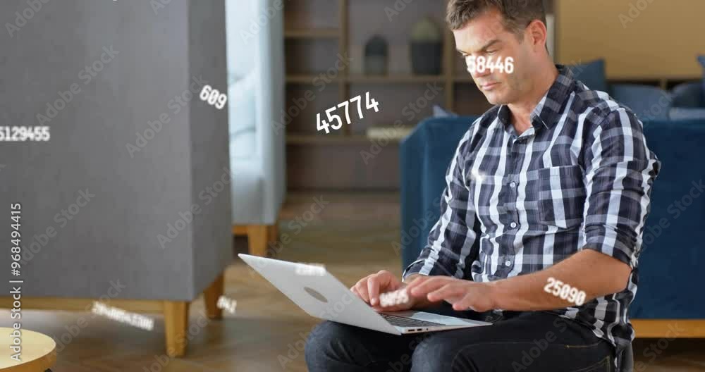 Poster animation of data processing over caucasian businessman using laptop in office