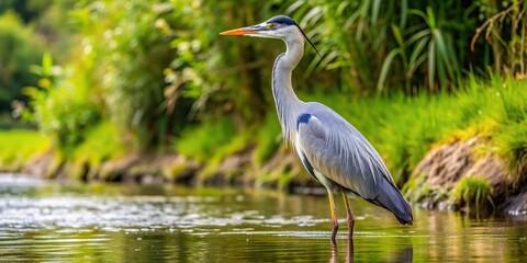 Gray heron Ardea cinerea standing still on the bank of a river its slender body and long neck stretched out as it patiently watches for fish in the clear water, reflection, fishing, bank