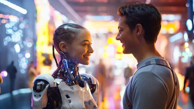 Human man smiling at a female humanoid robot in a vibrant futuristic cityscape