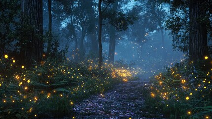 Obraz premium Glowing bioluminescent fireflies in twilight forest