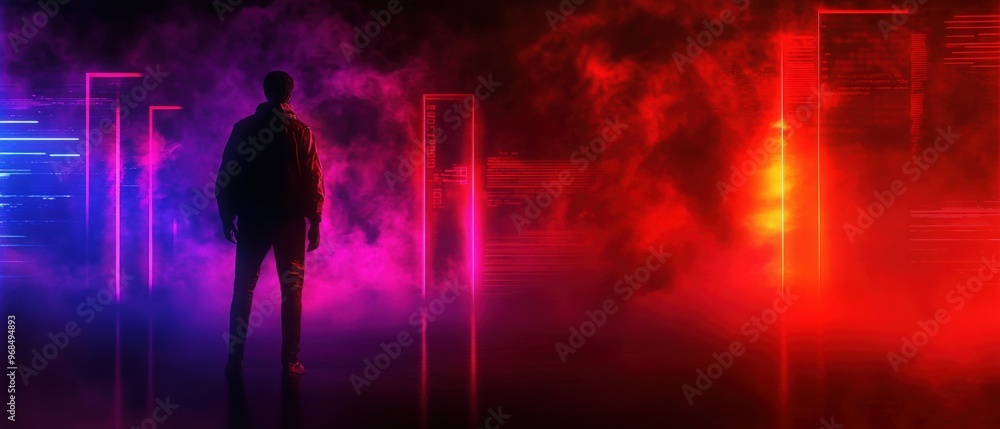 Poster mysterious figure stands before colorful lights and fog, evoking a sense of intrigue and depth in a 