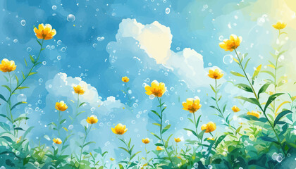 Blossoming Garden: A Vibrant Display of Yellow Flowers and Blue Sky