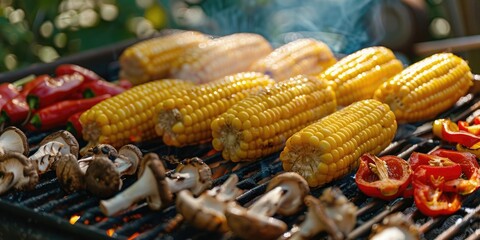 Grilled corn shiitake mushrooms and peppers on the barbecue