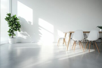 modern office interior with dining table and chairs, bright light, minimalist design, green plant, spacious room, white walls, wooden furniture