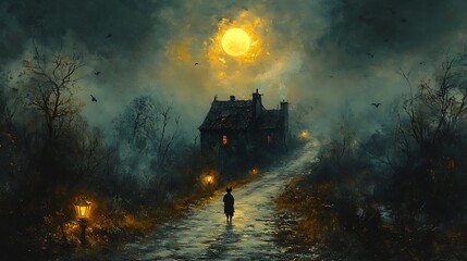 A solitary figure walks towards a mysterious house with a full moon in the sky.