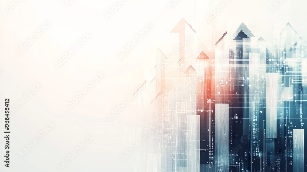 Poster technological innovation and business growth concept with digital data flow and rising arrows on whi