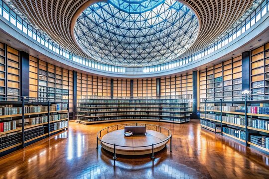 A stock photo depicting the Hall of Memory in the Library of Birmingham and Baskerville House in England showcasing its minimalist architecture, sunlight, historical architecture