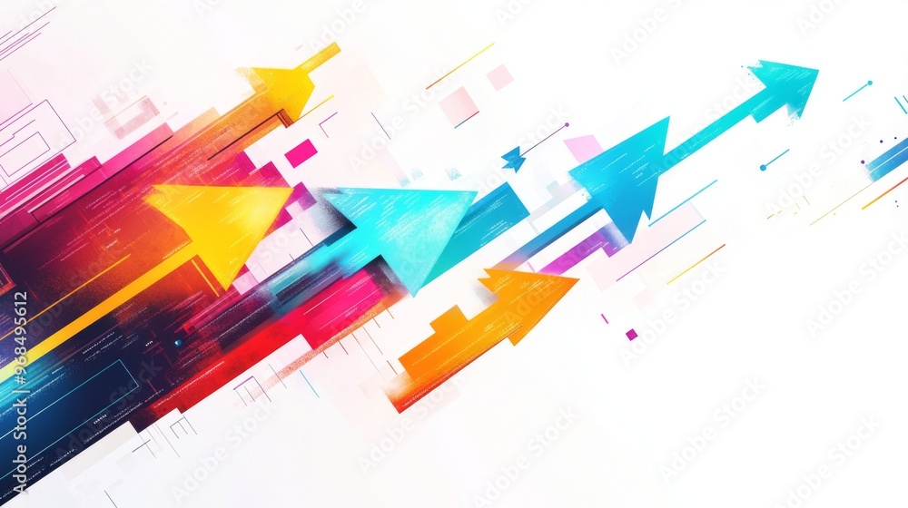 Poster futuristic arrows and data trends in minimalist design for business growth and innovation on white b
