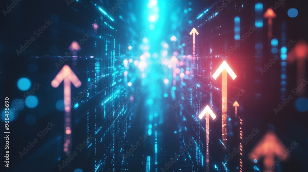 Poster minimalistic futuristic growth arrows and data flow for business innovation and technology concept. 