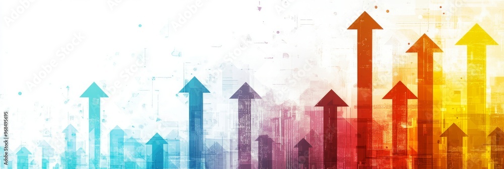 Poster futuristic business growth concept with rising arrows and technological lines on abstract background