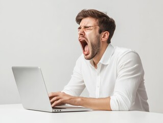 Office worker yawning while typing on a laptop, pure white background, multitasking exhaustion, corporate fatigue, remote work scene, focus on gesture