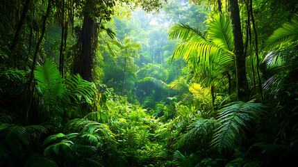 A dense Amazon rainforest with a variety of tropical plants, including towering trees and vibrant green foliage 