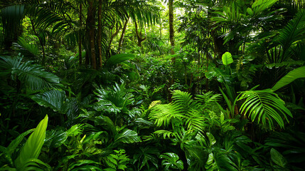 A dense Amazon rainforest with a variety of tropical plants, including towering trees and vibrant green foliage 