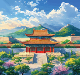 Chinese Temple Complex with Red Roofs and White Walls