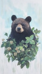 A beautiful illustration of a bear surrounded by lush greenery and flowers, capturing the essence of nature and wildlife.