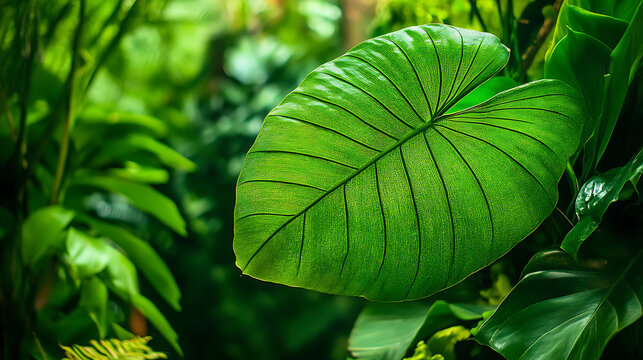 Close-up of a large, bright green Amazonian leaf with visible veins, surrounded by other lush plant life 