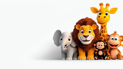 Colorful cartoon animals including a tiger, giraffe, elephant, monkey, and lion against a light background.