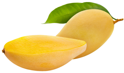 Yellow Mango with leaf on white background, Sweet Yellow Mango tropical fruit isolate on white with clipping path.