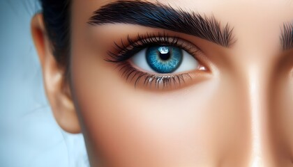 Obraz premium Close-up photo of a human eye with blue iris on a light background, reflecting a concept of beauty and detail.