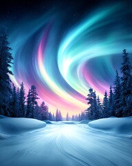 A stunning display of colorful auroras dances over a snowy landscape, creating a serene winter wonderland at night.