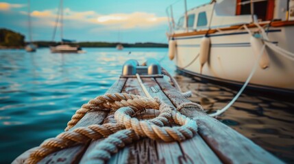 Obraz premium Serene Dock with Coiled Rope at Sunset