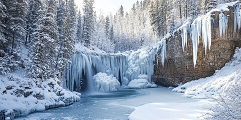 The grandeur of a national park in winter, focusing on frozen waterfalls cascading down icy cliffs...